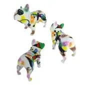 Juliarte French bulldog sculptures, ceramic, cubist style; yellow, orange, green, black, and white fragmented design, asymmetrical poses.