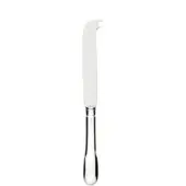 Silver cheese knife with slender blade, curved edge, and notched tip, featuring a polished, elongated handle with embossed detailing.