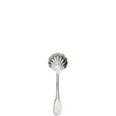 Silver cheese spoon with scalloped bowl and slender handle, polished metallic sheen against a white backdrop.