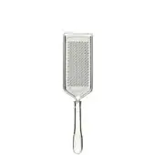 Stainless steel parmesan grater, rectangular shape, polished metallic finish, curved handle with rivets, Tiffany & Co. etching.
