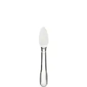 Stainless steel parmesan knife, teardrop blade, polished finish, curved handle with Zafferano etching, minimalist design, high-gloss sheen.