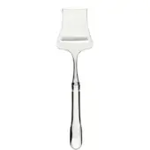 Stainless steel parmesan slicer with rectangular blade, curved edge, trapezoidal head, and long tapered handle, studio shot.