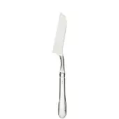 Silver cheese knife with curved stainless steel blade and bulbous polished silver handle, featuring subtle textured grip and “R.S.” etching.