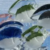 Glass butterflyfish sculptures in black, blue, green, and pink are clustered on a light blue textured backdrop, reflecting light and shadows.