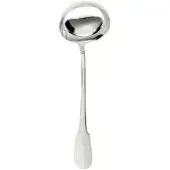 Silver ladle with oval bowl and slender handle, studio shot on white background, polished metal construction, reflective sheen.