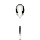 Silver serving spoon with oval bowl, slender handle, and polished sheen against a white backdrop, displaying a classic, minimalist design.