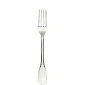 Stainless steel serving fork with four tines, curved handle, and oval detail, presented on a white background.