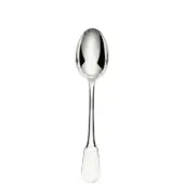 Silver serving spoon, polished metal, elongated oval bowl, tapered handle, reflective sheen, white background, simple design.