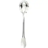 Silver spaghetti spoon with rounded, perforated bowl and slender handle, polished reflective surface, studio product shot.