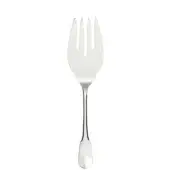 Silver fish server fork with three curved tines, slender polished shaft, and teardrop-shaped handle, against a white backdrop.