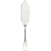 Stainless steel fish server knife with curved blade, scalloped edge, and slender oval handle, studio shot on white background.