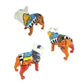 Juliarte french bulldog sculptures, resin, Picasso-style piano finish, geometric patchwork of orange, blue, yellow, black, musical notes.