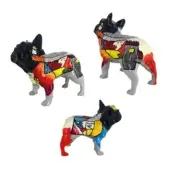 Cubist French bulldog sculptures by Juliarte, silver with red, orange, yellow, blue, green, and black mosaic patterns, glossy finish.