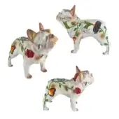 Ceramic French bulldog sculptures with rose finish, hand-painted vines, red roses, and varied floral detailing on cream bases.