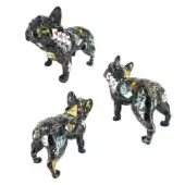 French bulldog sculptures, black resin, graffiti design with pink, yellow, blue, and white abstract patterns and diamond details.