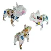 Juliarte French bulldog sculptures, white glossy ceramic, seated pose with graffiti artwork in pink, yellow, blue, and black, diamond and floral motifs.
