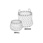 Woven basket set, black and white line drawing, two sizes labeled small and medium, rounded bulbous shape, detailed textured pattern.