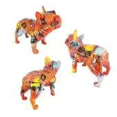 Juliarte French bulldog sculptures, resin, city graf style; vibrant orange, red, yellow, blue, and black graffiti patterns on white background.