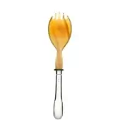 Serving fork with natural horn bowl and polished silver handle, featuring amber and yellow mottled tones and slender, tapered design.