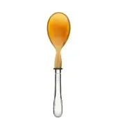 Serving spoon with natural horn bowl, silver-toned handle, translucent amber and tan coloration, curved oval shape, polished metal finish.