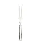 Silver carving fork with polished finish, elongated handle, and curved tines against a white backdrop.