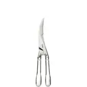 Stainless steel poultry sheers with curved blades and teardrop handles, polished reflective finish, ergonomic design for cutting.