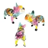Resin bulldog sculptures, graffiti style, Le Mans racing theme; yellow, pink, black color scheme with checkered flag details and text.