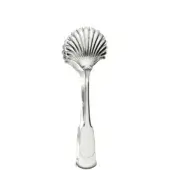 Silver bread tongs with fan-shaped head, radial pattern, and slender tapered handle, studio shot on white background.