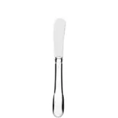 Silver butter knife, rectangular blade, curved hourglass handle, polished silver finish, studio product shot, embossed circular logo.