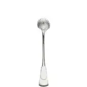 Silver ice tongs with polished metal shaft, fan-shaped head of radiating segments, and curved teardrop base on white background.