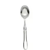 Silver ice cream spoon with oval bowl, polished reflective surface, and cylindrical handle featuring subtle vertical ridges.