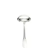 Silver sauce ladle, polished sterling silver, rounded bowl with flared rim and oval base, reflective finish.