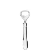 Stainless steel bottle opener with rounded handle, etched band, and circular opening marked “INOX”, featuring a polished reflective finish.