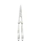 Stainless steel lobster tongs with scissor-like blades and polished, slender handles centered on a white background.