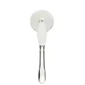 Stainless steel pizza cutter with circular blade, curved handle, and polished finish; “Bronzite” embossed on the teardrop-shaped end.