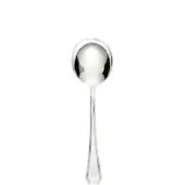 Silver soup spoon with rounded bowl and slender, faceted handle, displayed on a white background with polished reflective surface.