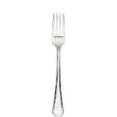Silver table fork with four tines, slender handle, and faceted base against a white backdrop.