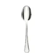 Silver spoon with oval bowl and tapered handle, studio shot, polished reflective surface, geometric stepped end, white background.