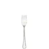 Silver fish fork with four tines, slender handle, geometric pattern, and polished sheen against a white backdrop.