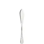 Fish knife, silver-toned stainless steel, curved blade with scalloped edge and tapered handle, polished reflective finish, studio shot.