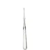 Silver lobster fork with faceted handle and curved tines, polished sheen, minimalist design for formal dining, white background.