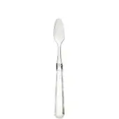 Silver shellfish knife with elongated blade, oval tip, and rectangular handle featuring vertical ridging, polished metal band.