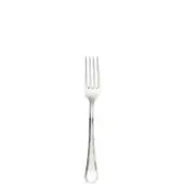 Silver fruit fork with four tines, slender neck, and geometrically detailed handle, polished to a bright sheen against a white backdrop.