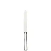 Silver fruit knife with curved blade, rectangular handle, and vertical ridged texture against a white backdrop.