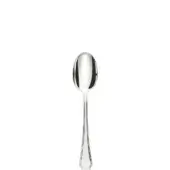 Silver fruit spoon with elongated oval bowl and tapered handle, displaying a polished reflective finish against a white backdrop.