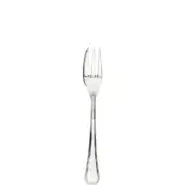 Dessert fork, polished metal, slender tines; tapered handle with geometric pattern and raised ridge against a white backdrop.