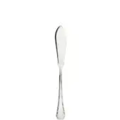 Silver dessert knife, curved blade, scalloped edge, slender handle, polished metal, traditional silverware design, white background.