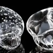 Glass skull sculptures, clear textured and smooth, displayed against black; rounded forms with visible teeth and bubble inclusions.