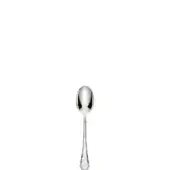 Silver coffee spoon, stainless steel, oval bowl, slender handle, pointed tip, polished reflective finish, minimalist design, white background.