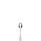 Silver coffee spoon with oval bowl and pointed handle, polished stainless steel, minimalist design, isolated on white background.